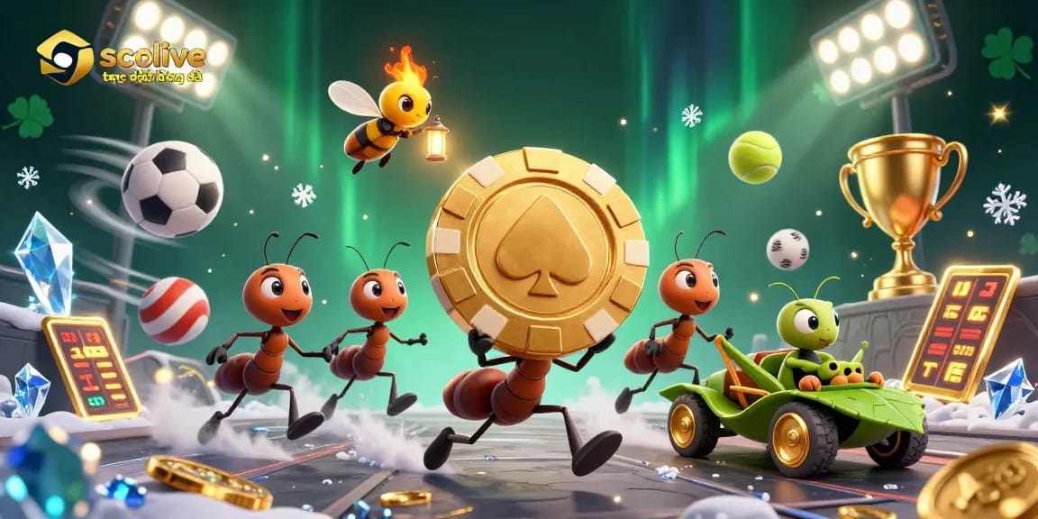Experience socolive trực tiếp bóng đá with a team of cartoon ants in a dynamic, visually rich gambling scene.