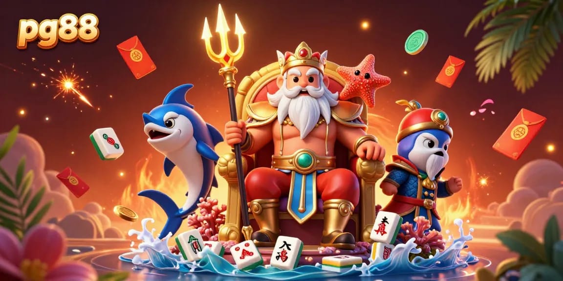 Engage with pg88's dynamic gaming scene, featuring Sea King Neptune and vibrant casino elements.