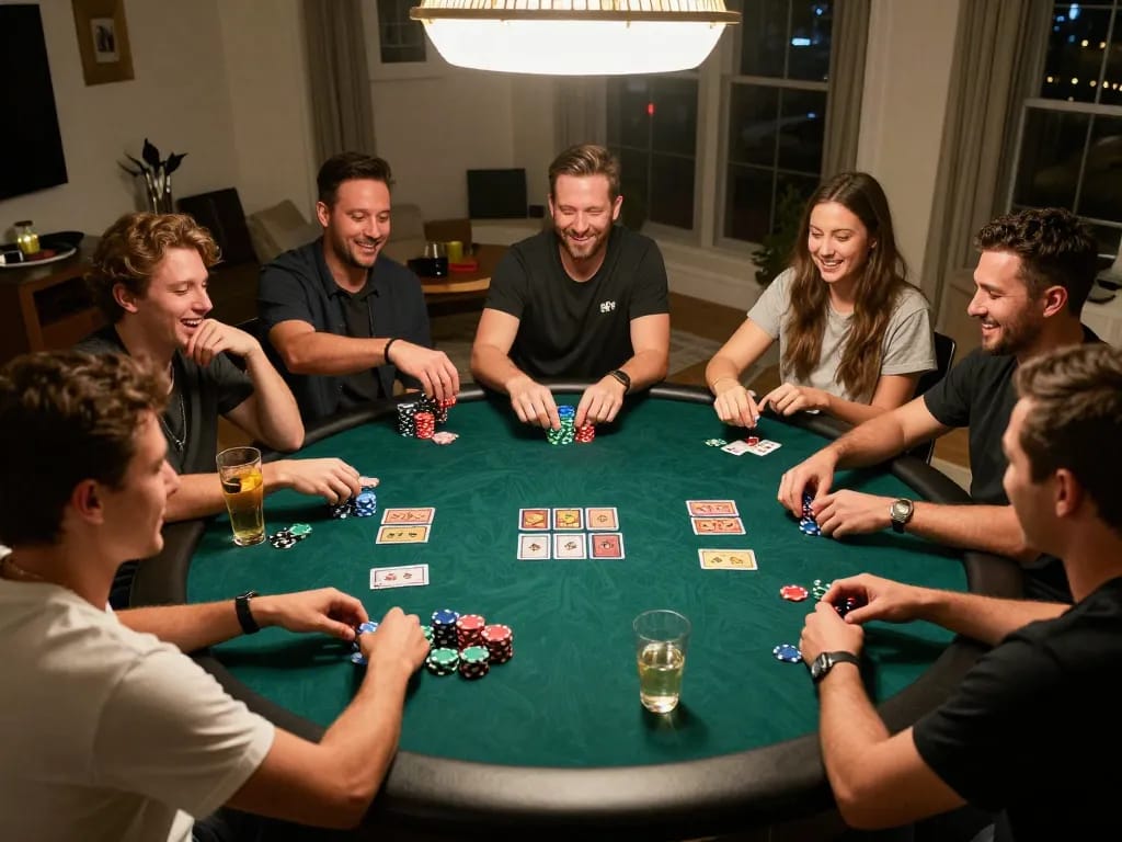 Friends engaging in a thrilling poker game at home, hit club excitement and strategy on display