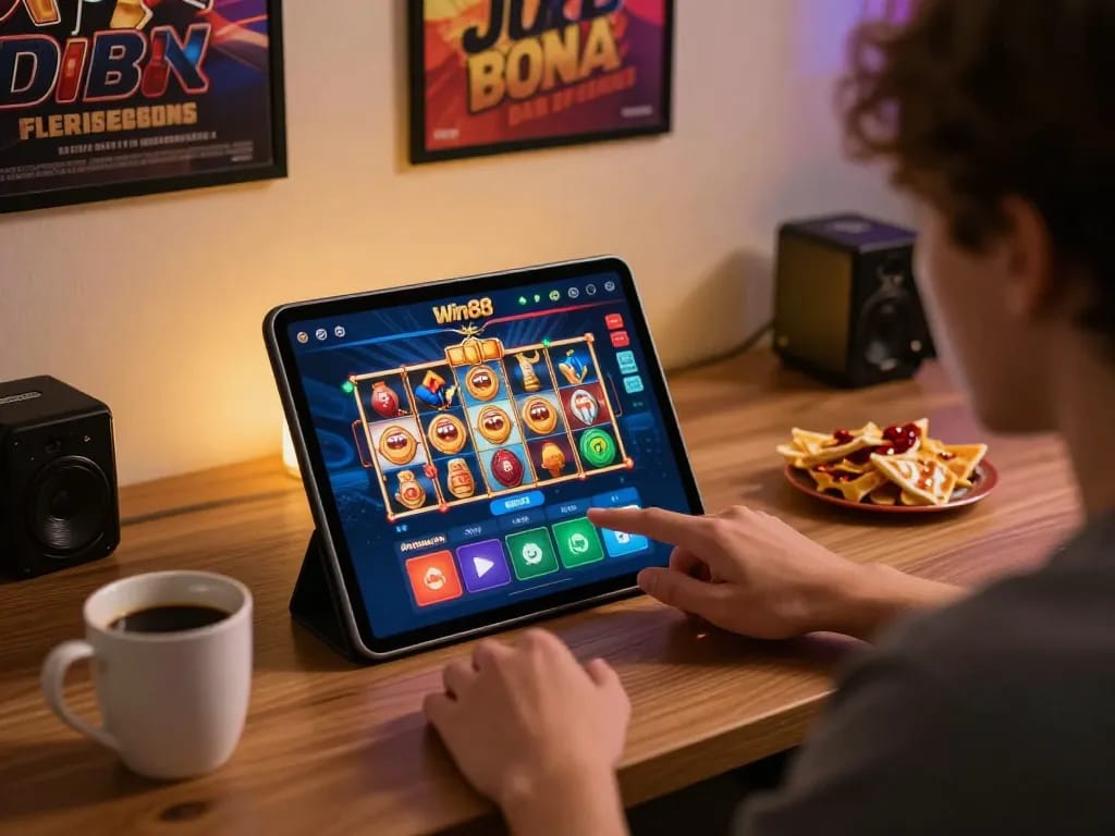 Engaging online gaming setup showcasing Win88 app on tablet, highlighting a strategic gambling experience.