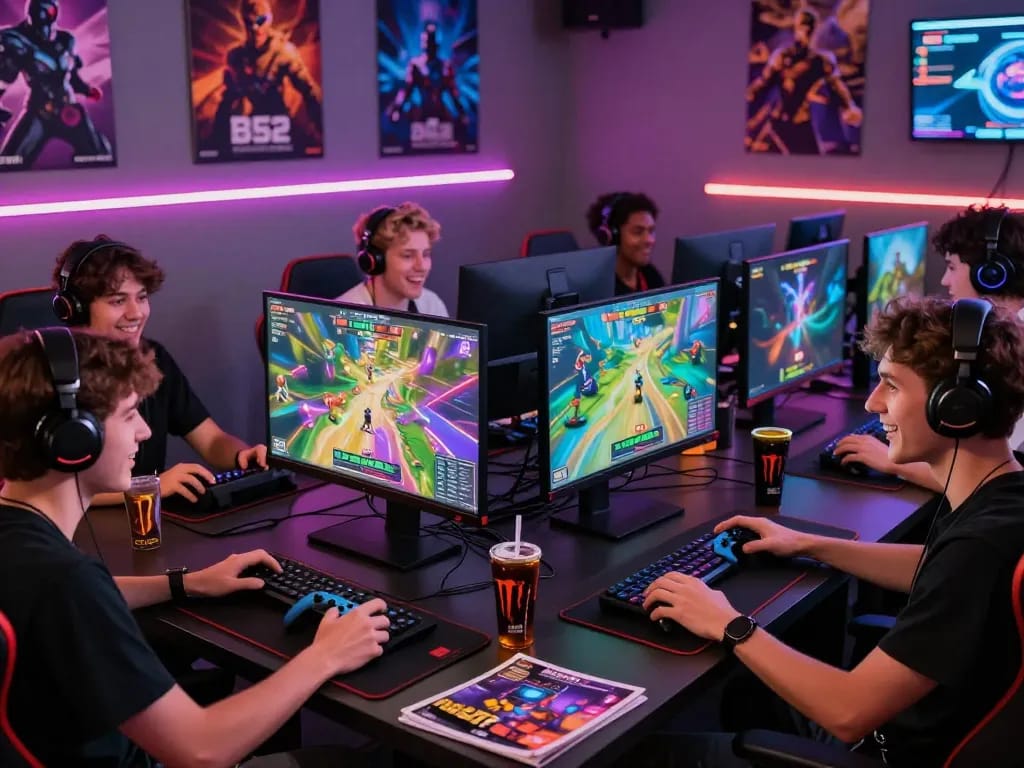 Exciting B52 gaming experience with diverse players engaged in gameplay in a modern gaming lounge