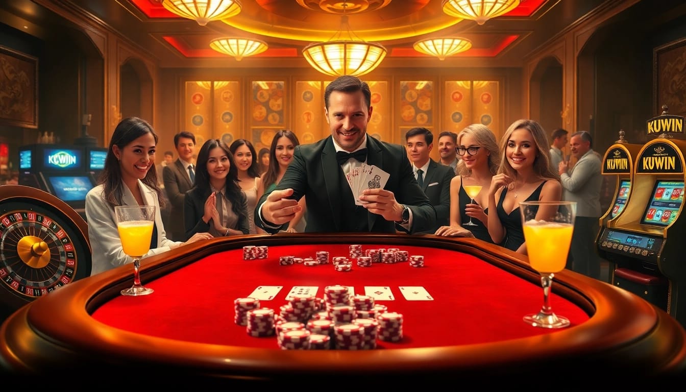 Experience the excitement of KUWIN gambling at a luxurious casino table with engaged players and high-stakes action.