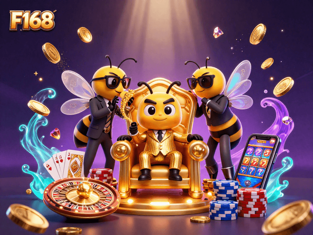 Experience excitement at F168 Casino with thrilling games and animated characters in a vibrant scene.