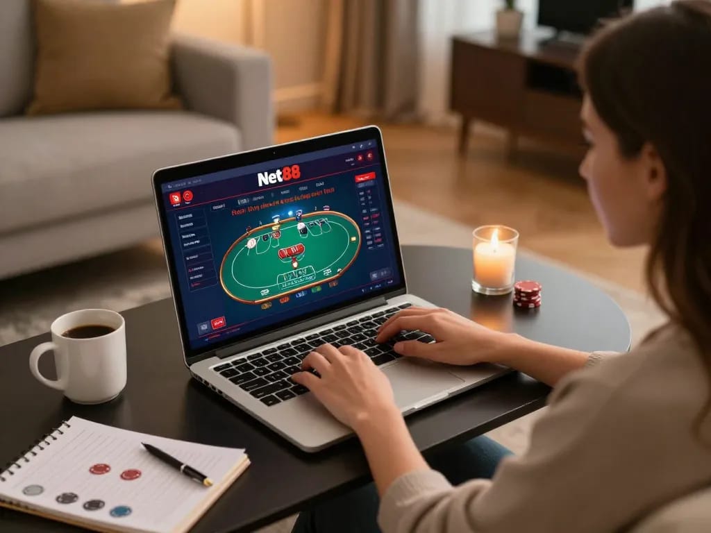 Player enjoying a strategic poker game at Net88 casino on a laptop in cozy home setting.