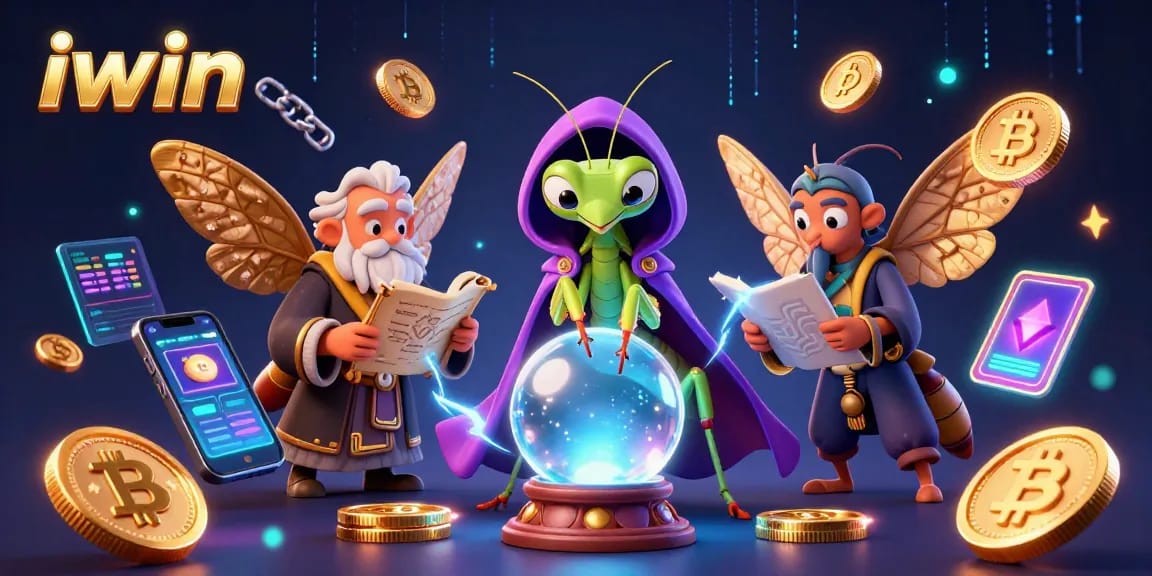 Engage with iwin casino magic through a vibrant 3D illustration featuring fortune telling and cryptocurrencies.