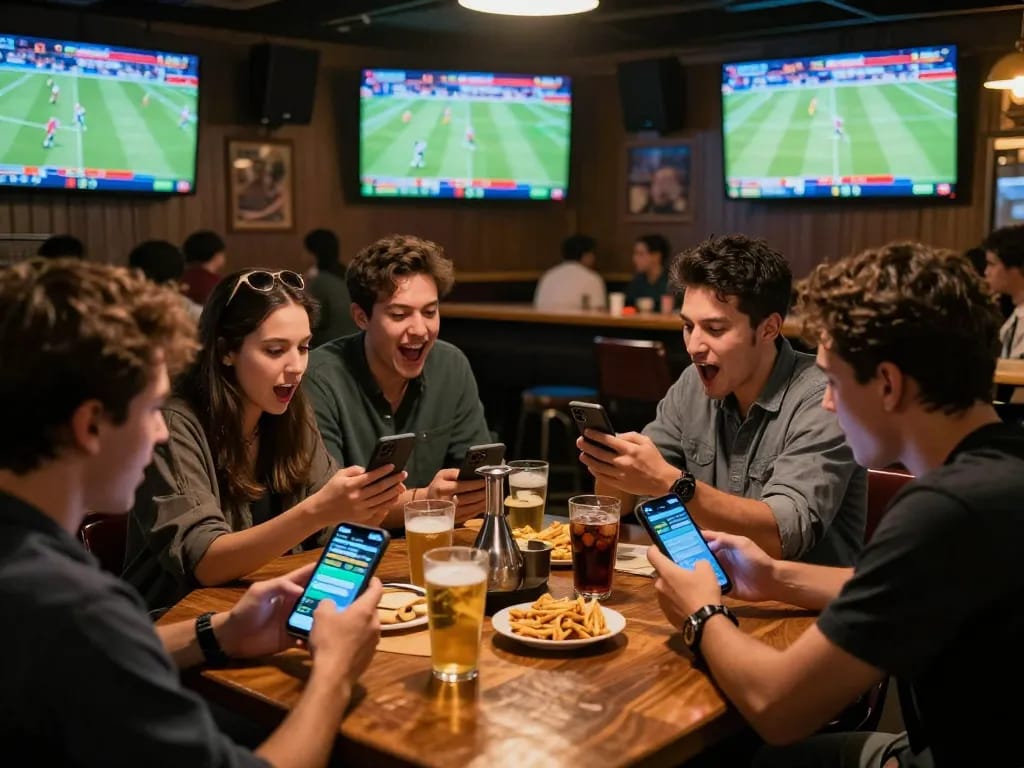 Engaged patrons placing bets on their smartphones during thrilling sports betting at a lively venue with Fly 88.
