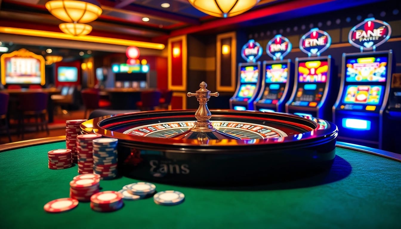 Experience high-stakes gaming with vibrant casino tables at https://bem88.com featuring cards, chips, and roulette action.
