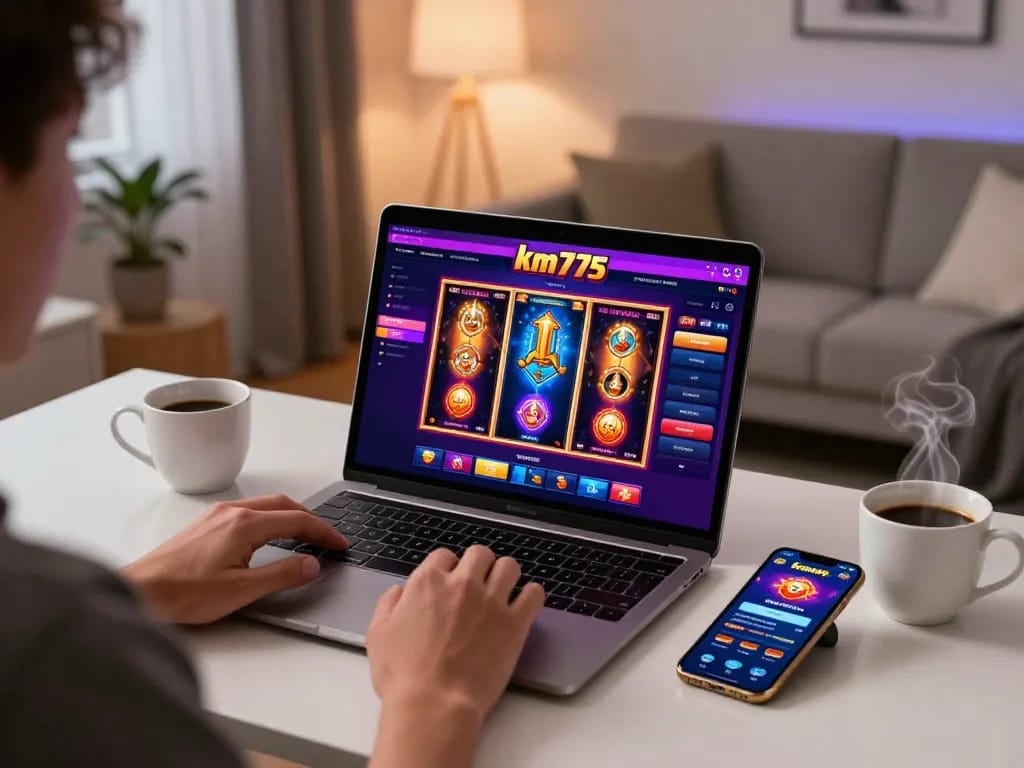 Engaging gameplay on the km777 casino app displayed on a laptop, showcasing an inviting online gambling setup.