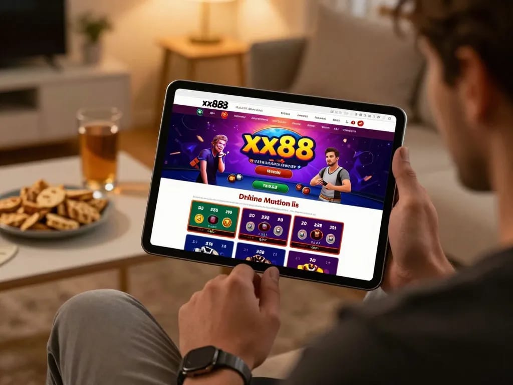 Player engaging with xx88 online casino on a tablet in a cozy living room, highlighting interactive gameplay.