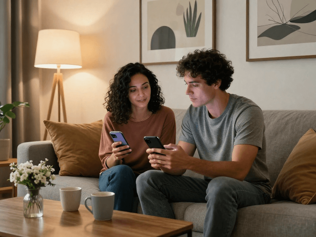 Couple using AI chat porn app on smartphones in cozy living room.