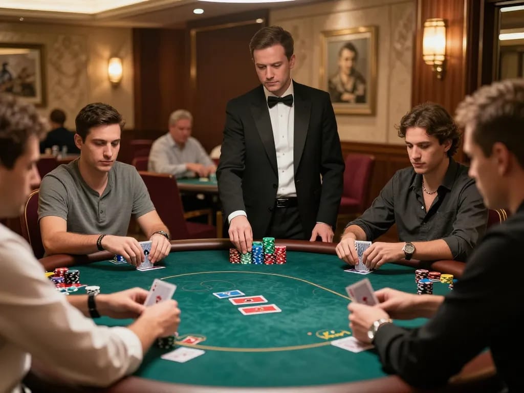 Players engaged in focused gameplay at MM 88 poker table with chips stacked high.