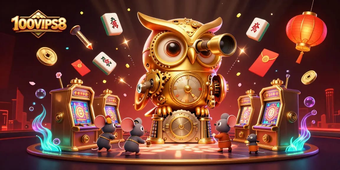Experience the excitement of 100VIPS8 with a vibrant casino illustration featuring dynamic characters and elements.