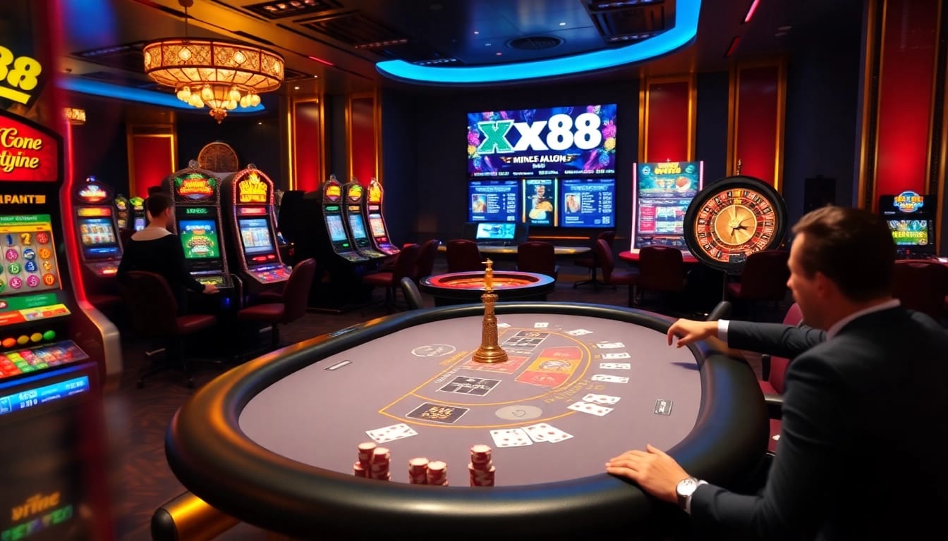 Experience thrilling gambling action at XX88 casino with vibrant slot machines and poker tables.