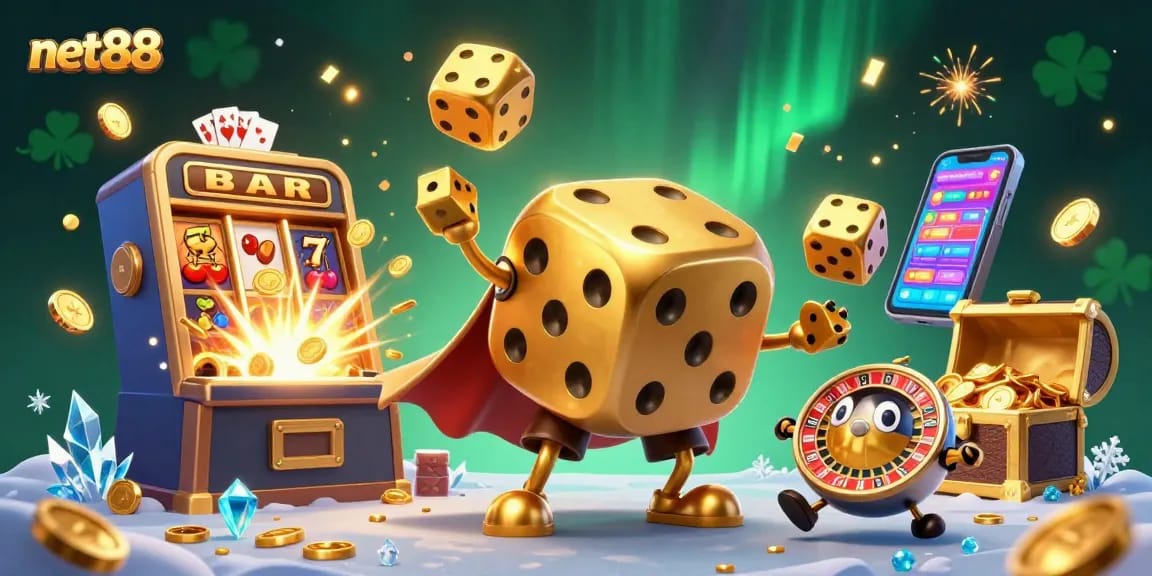 Experience the thrill of net88 with vibrant casino symbols and a dynamic golden dice golem.