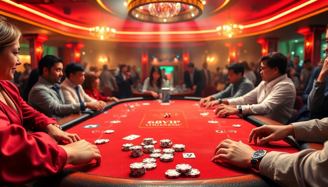 Engaging poker action at 68VIP casino with vibrant chips and cards on the table.