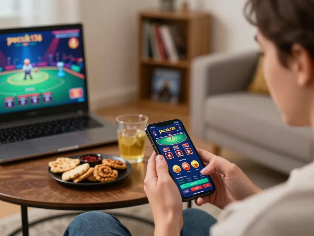 Player engaging with the pucuk138 app on smartphone in a cozy home setting, enjoying online gambling.