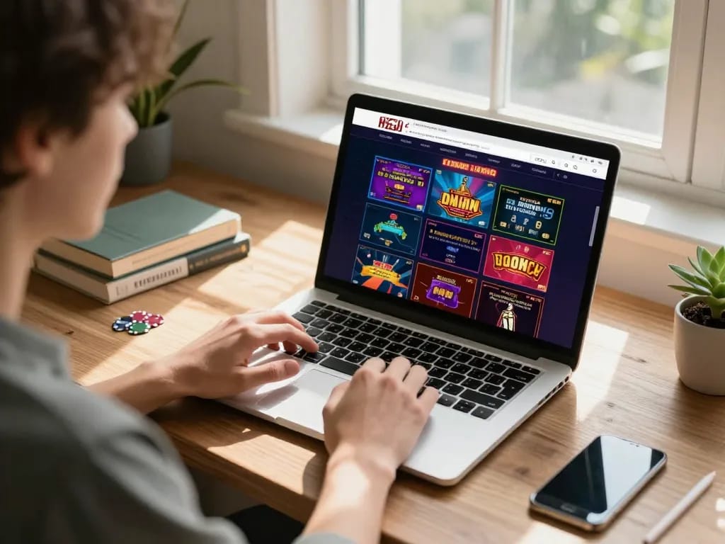 Engaged player enjoys online casino games on 58wiin, showcasing responsible gaming in a cozy setup