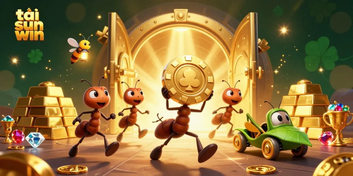 Tải sun win with a heist of golden poker chips, ants, and casino treasures in vibrant 3D.
