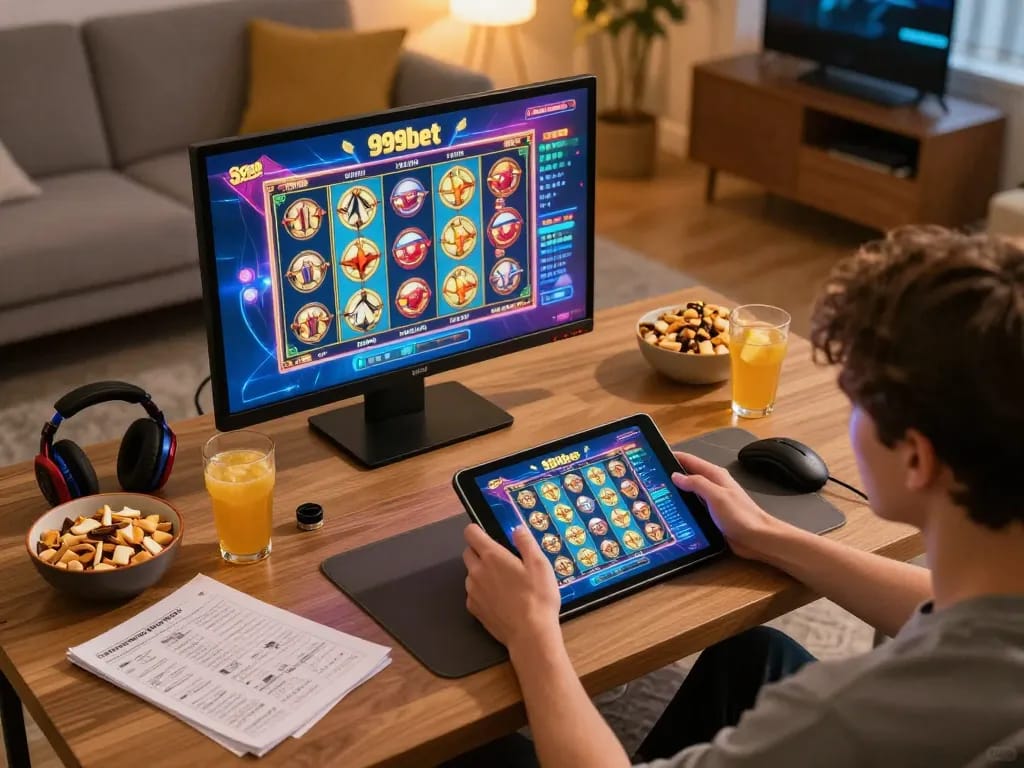 Player enjoying 999bet on a tablet while snacking at home, highlighting online gaming experience.