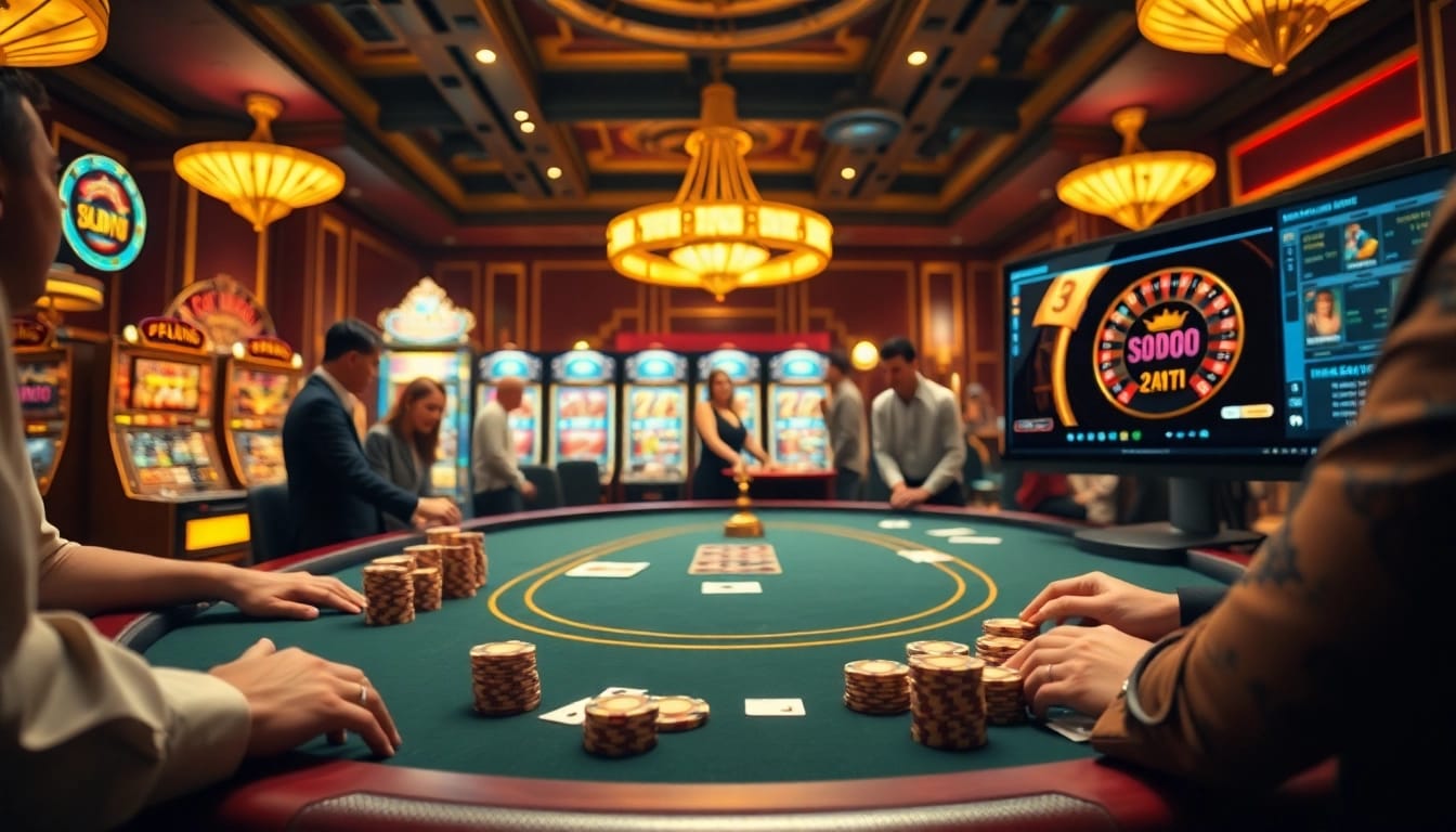 Enthusiastic players engaging at a luxurious poker table in SODO66 casino scene.