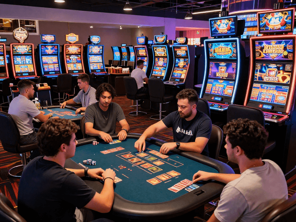 Exciting casino not on gamstop gaming scene with diverse players enjoying slots and card games, vibrant atmosphere with colorful machines.