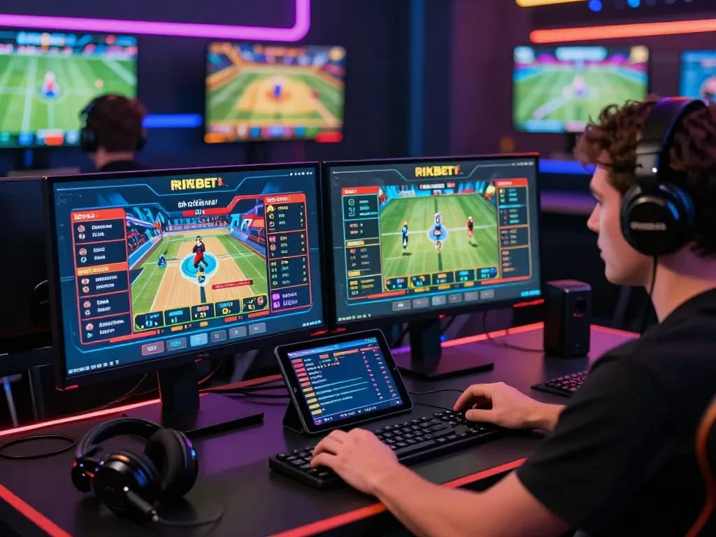 Dynamic online gaming scene with player using rikbet interface, showcasing excitement.