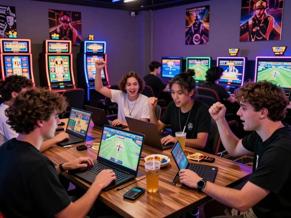 Diverse group enjoying gaming session at xin88 online platform with colorful screens and snacks.