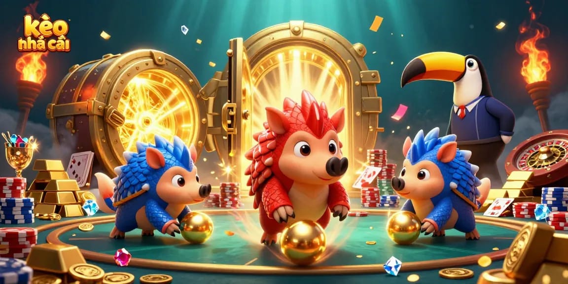Engage in kèo nhà cái with playful pangolins bowling through poker chips, surrounded by dazzling casino treasures.