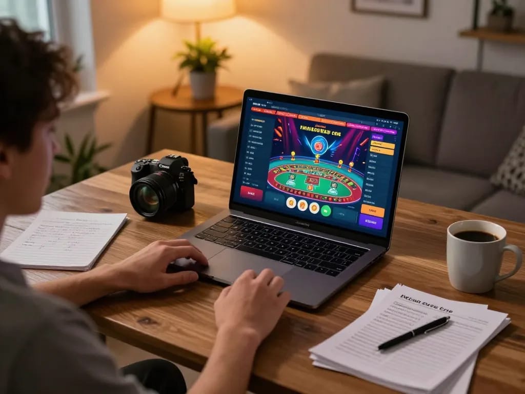 Engaging in an online game at home with gem 88 casino interface on laptop.