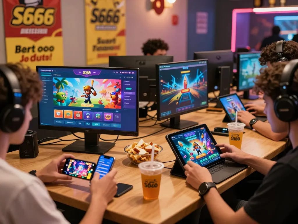 S666 online gaming excitement with enthusiastic players enjoying various games on devices.