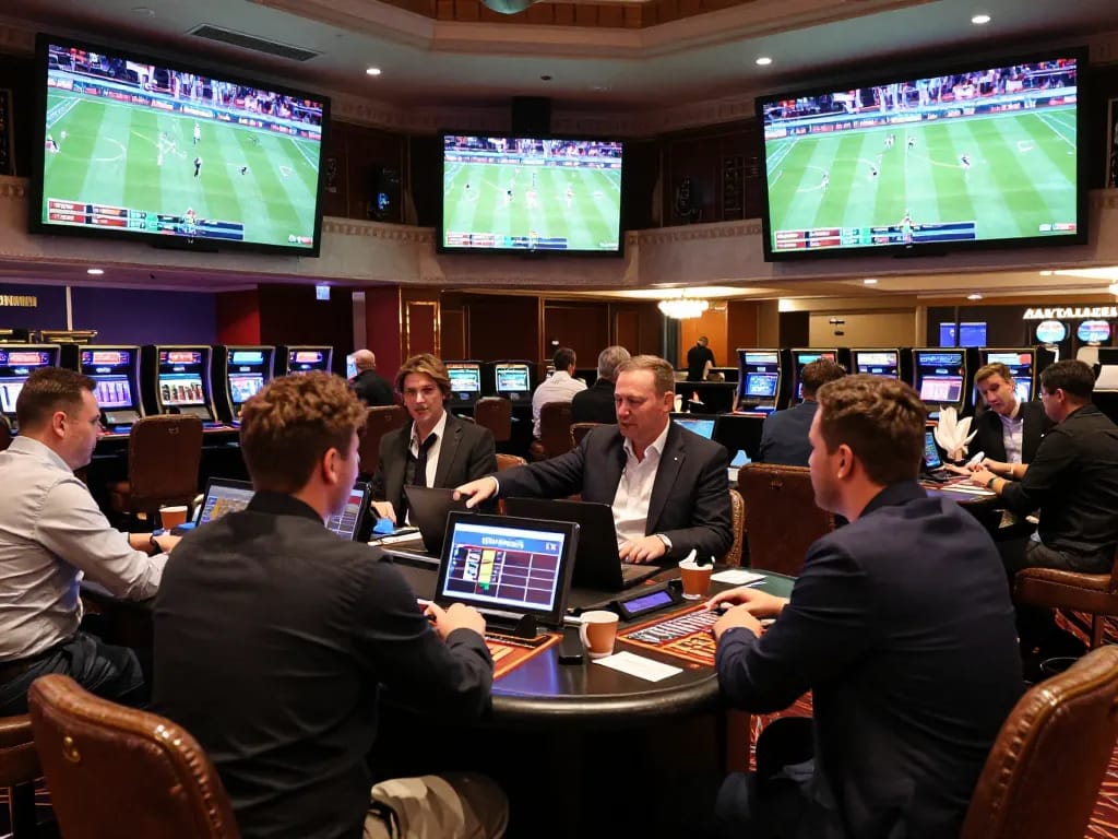 Excited bettors placing wagers at five88's sports betting counter in a high-end casino.