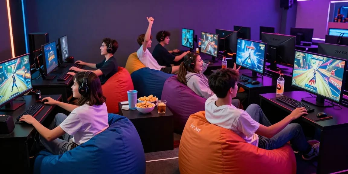 Young adults playing xxx games in a vibrant gaming lounge with snacks and modern consoles.
