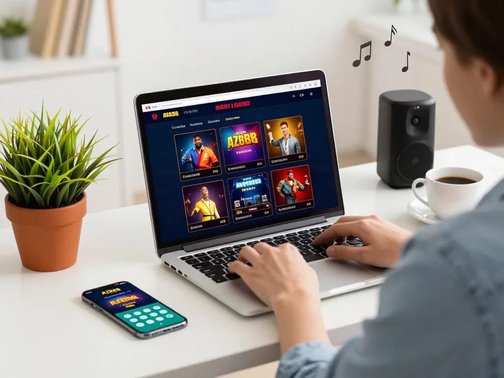 AZ888 online gambling platform with user placing bets on stylish laptop interface in a cozy home office setting.