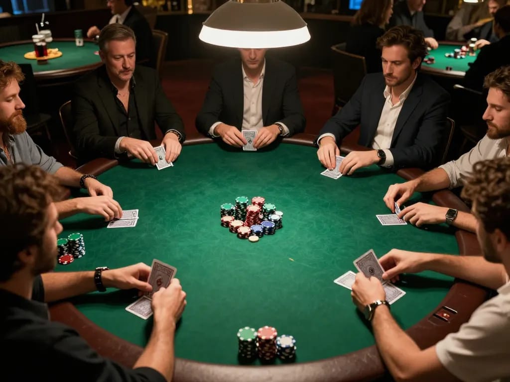 Players engaged in a competitive poker game at home, featuring rikvip strategies and lively discussions