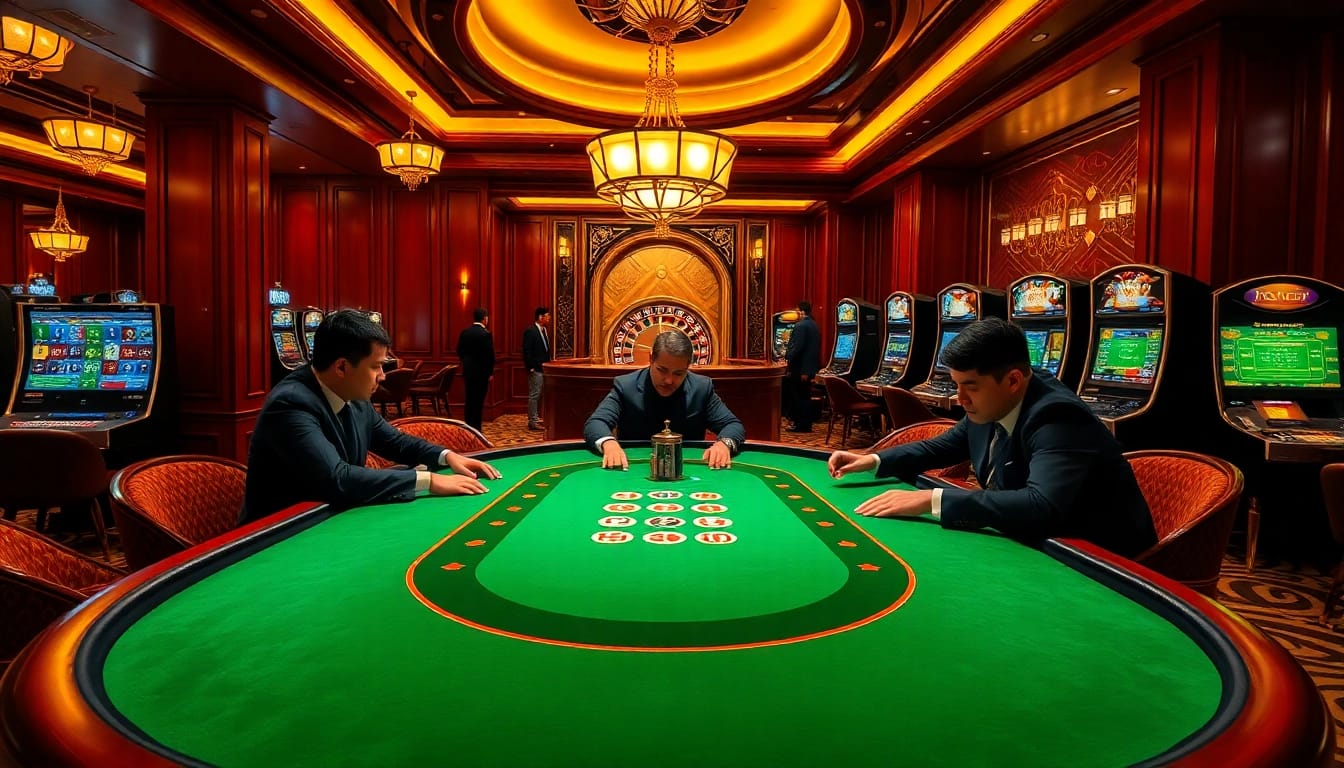Luxury casino scene showcasing hidden wiki 2026 gaming elements with poker, roulette, and slot machines.