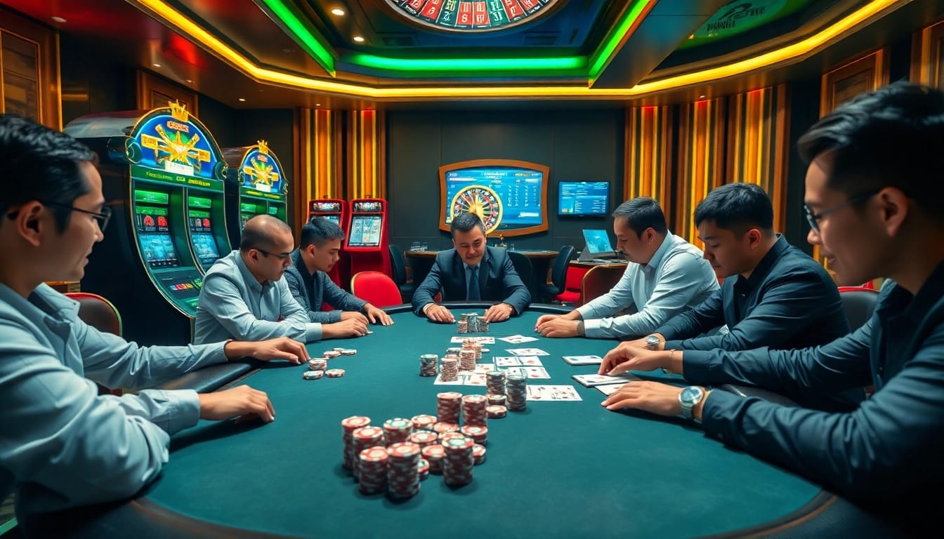 Players engaging at the Lode88 poker table with vibrant casino elements showcasing excitement.