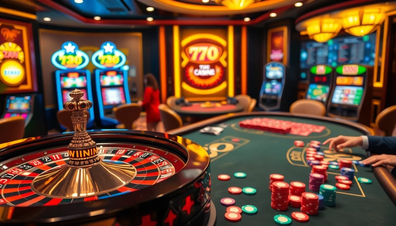 Experience excitement at 78WIN with a luxurious casino atmosphere featuring roulette, poker, and vibrant slot machines.