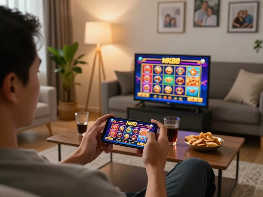 Engaging with NK88 mobile casino app in a cozy living room while enjoying snacks.