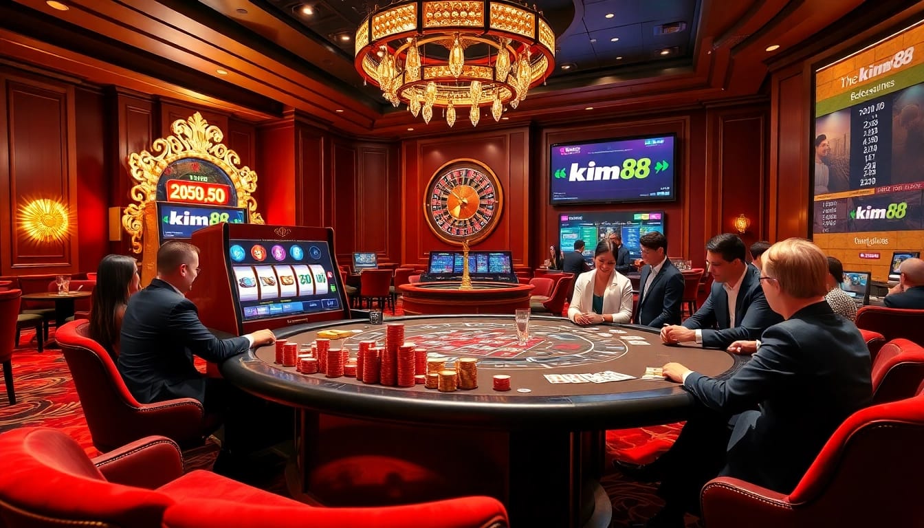 Players enjoying a thrilling game night at the kim88 casino, with vibrant slot machines and poker tables.