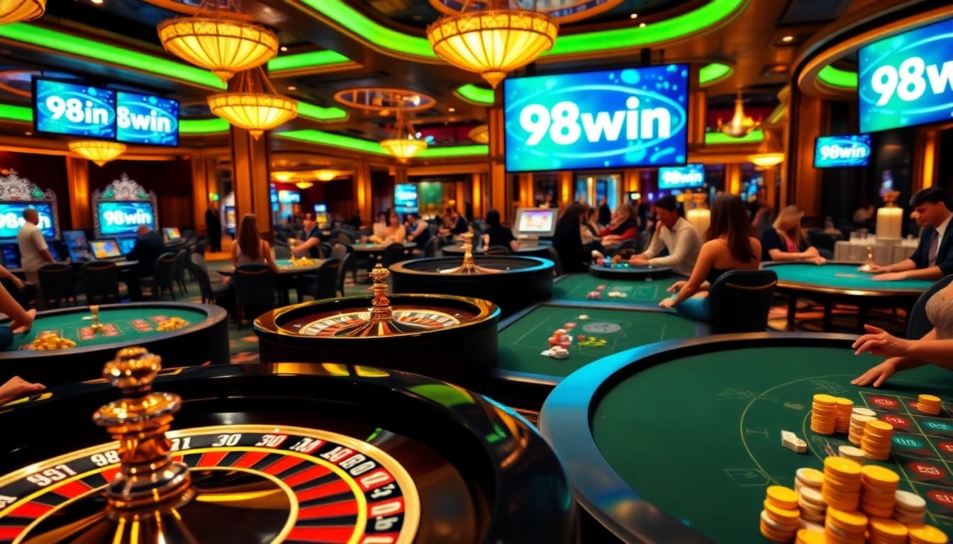 Discover the excitement at 98win with players engaged in Blackjack and poker games.