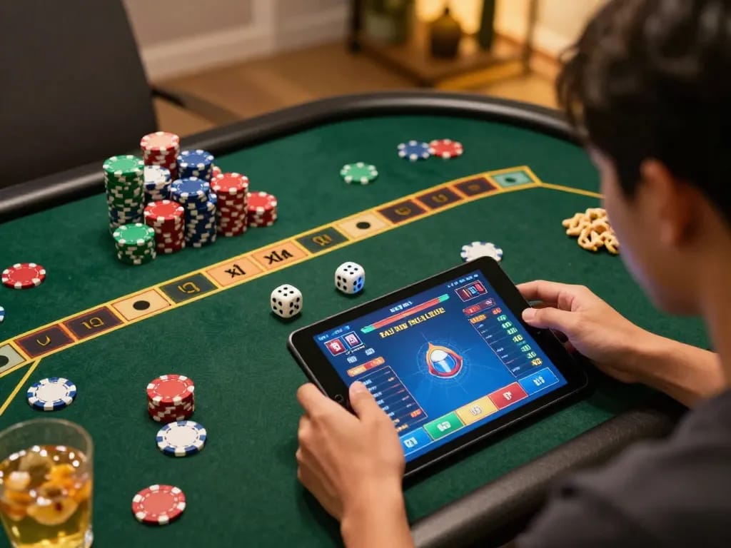 Enjoying tài xỉu online with vibrant chips and dice while focusing on tablet gameplay in a cozy home setup.