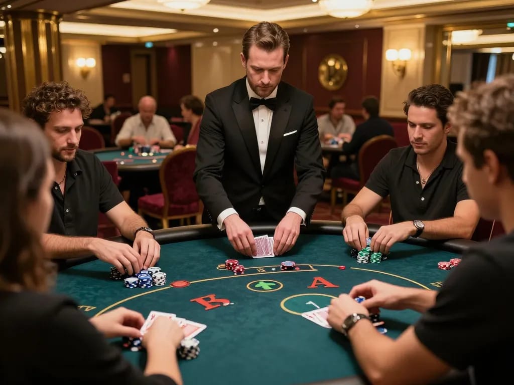 Experience high-stakes gameplay at sky88 poker table with focused players and luxurious ambiance.