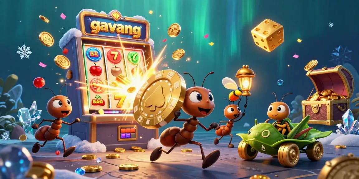 Ants carrying a giant poker chip in a bustling casino heist scene with gavang branding.