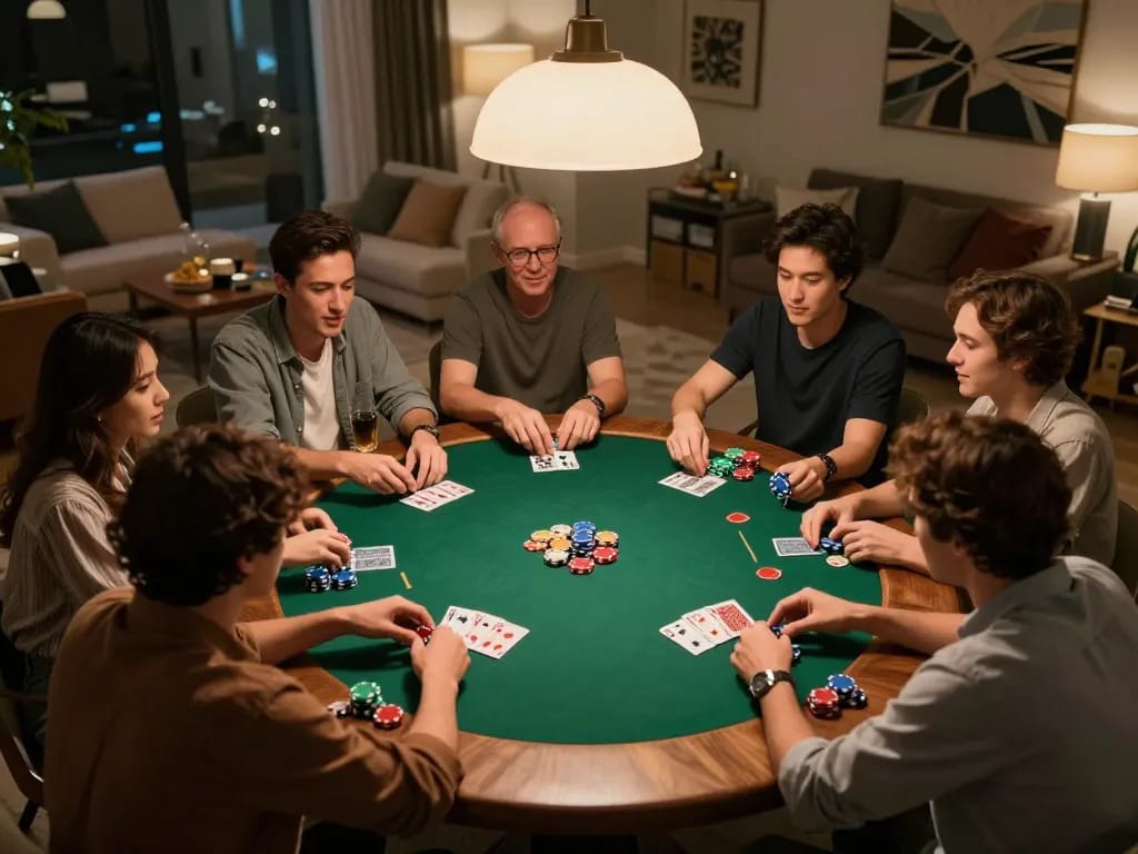 Players enjoying a friendly poker night at home, experiencing gamebaidoithuong8 excitement with cards and chips.