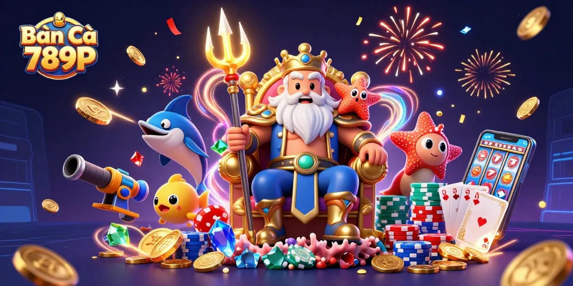 Experience the excitement of Bắn Cá 789P as Neptune and friends celebrate winnings in this vibrant underwater scene.
