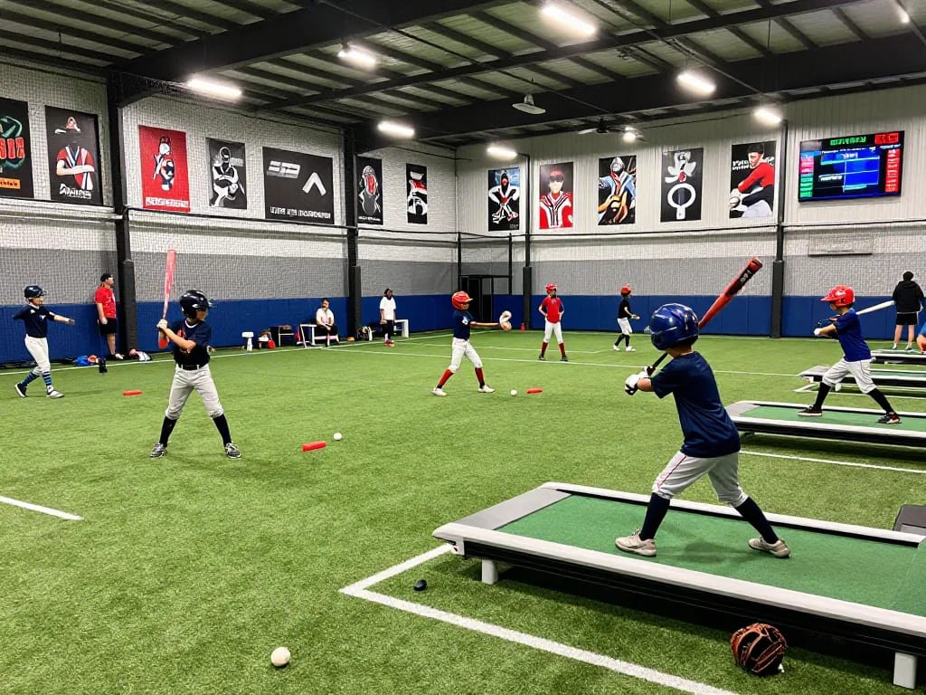 Hitclub baseball training session with young athletes practicing batting in an indoor facility, showing gear and bright atmosphere