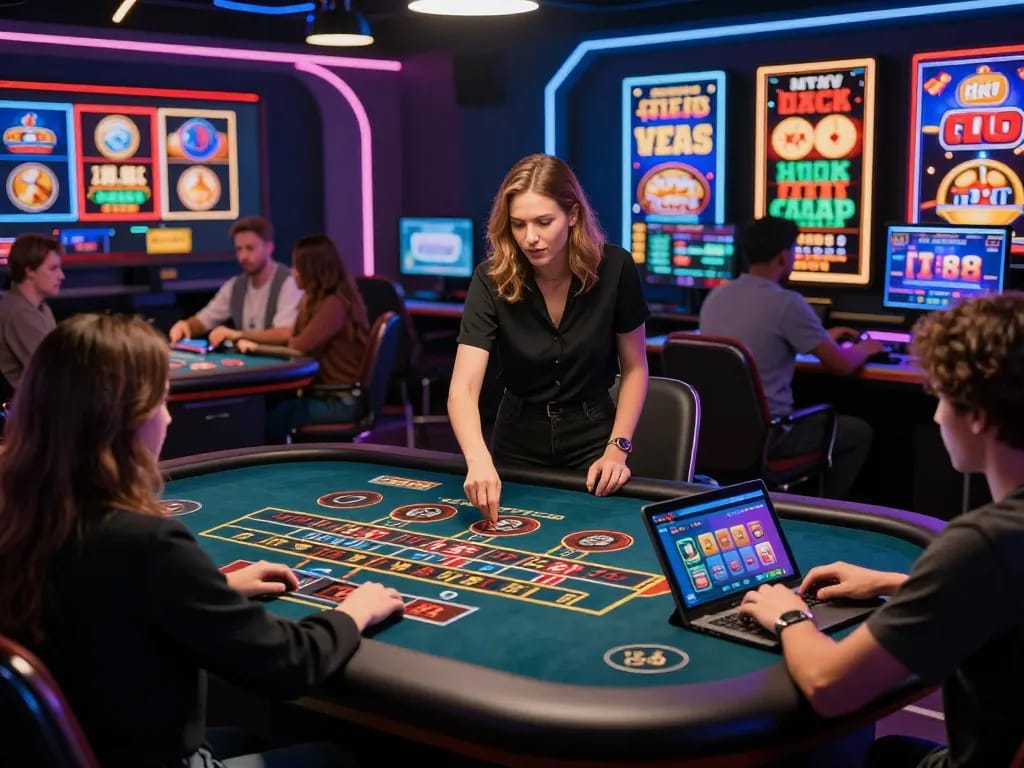 Exciting online gaming scene at tk88 with players enjoying live casino games, showcasing interaction and immersive experience.