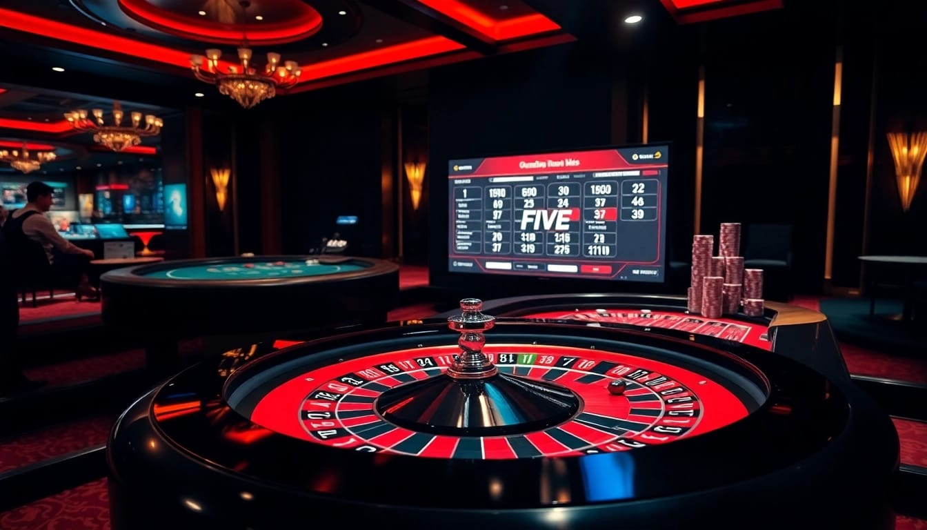 Engaging casino action at five88 featuring roulette, poker chips, and high-tech gaming interfaces.