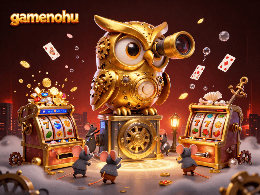 Engage with gamenohu in this vibrant 3D scene filled with casino elements and characters playing slots.