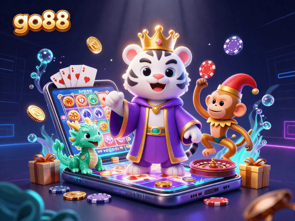 Experience the excitement of go88 with a vibrant 3D illustration featuring a royal tiger, jester monkey, and enchanting elements.